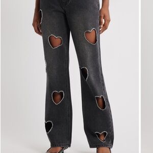 Studded Heart Cutout Wide-Leg Jeans in Washed Black